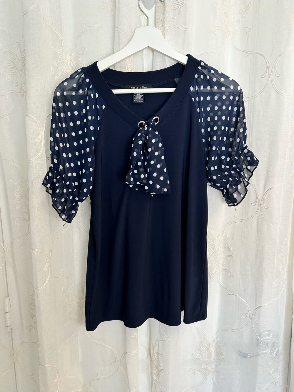 Adele & May Navy Polka Dot Sheer Puff Sleeve Keyhole Tie Blouse Small